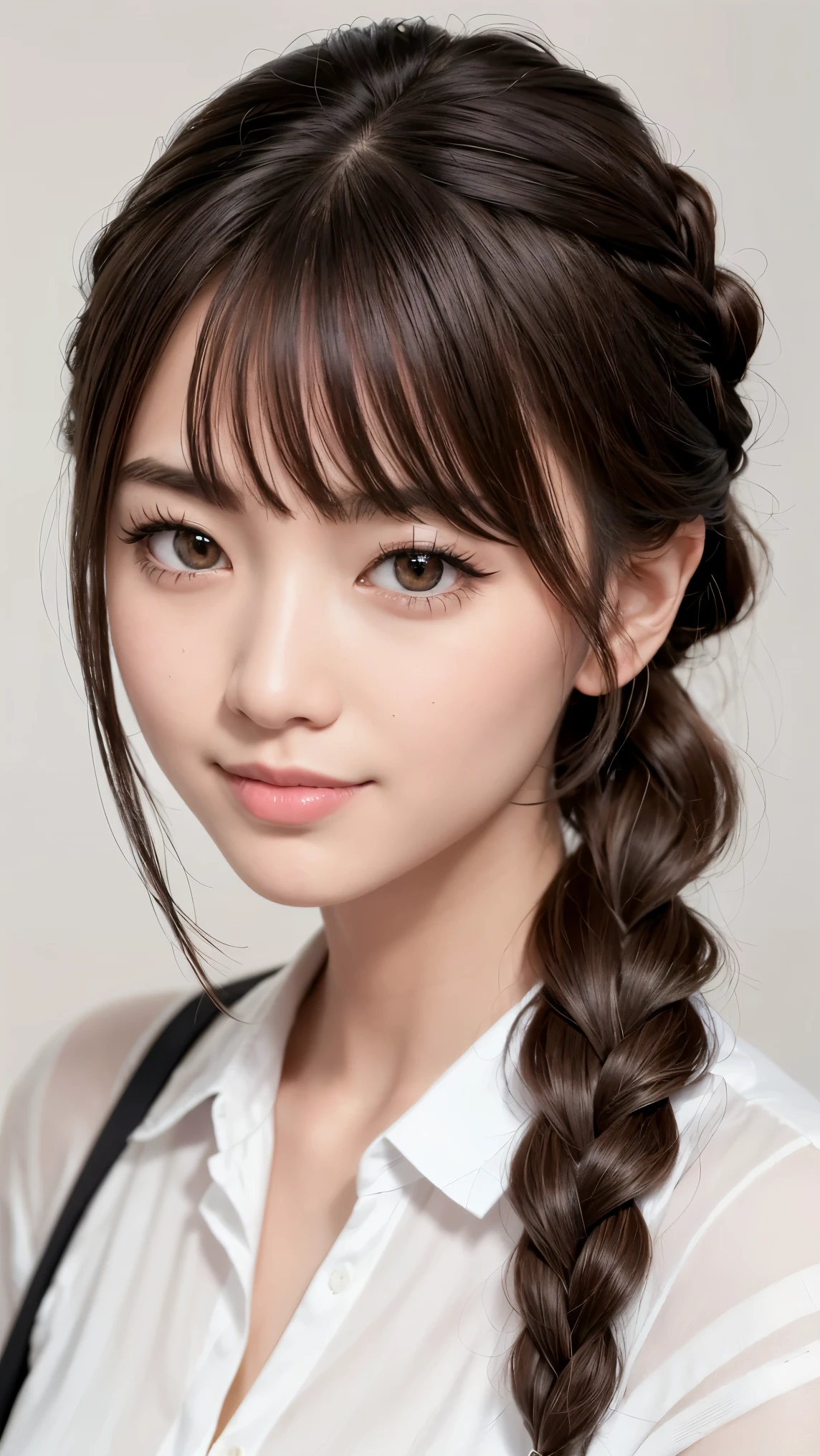 realistic, masterpiece, highest quality, highest resolution, one japanese woman, happy smile, detailed and beautiful eyes, black eye, thin eyebrows, Gives your eyelashes a delicate finish, false eyelashes, natural makeup, (braid hair, dull bangs, brown hair:1.2), detailed face, She is looking slightly to the side, but、Always watching the audience, A simple white button-down shirt, upper body photo, Portrait background