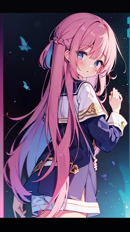 beautiful illustrations, highest quality, (12 year old girl:1.4)、(pretty girl:1.5)、、(inside the aquarium、Fainting、imprisonment:1.5)、flat chest、sailor collar、(White long tunic)、long sleeve sailor suit、Blue-line cuffs、(pink chino shorts:1.4)、(pink shorts with wide opening:1.2)、Gap between thigh and pants、slim thighs、white socks、 cinematic lighting, (pink long hair)、pink straight hair、redness of cheeks、(Braiding of the back of the head)