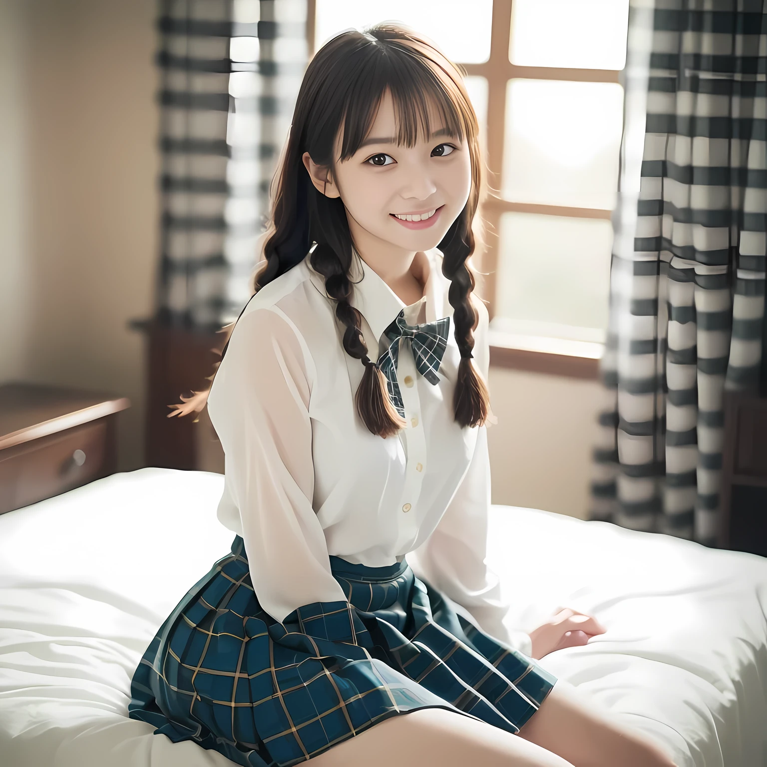 (highest quality、masterpiece:1.2)、highest quality、realistic、photograph、High resolution、1080p、8K、Pale, rough skin、The face is especially pale., physical rendering、((Height: 155cm)), one Japanese girl、A Japanese -like siren sitting on a luxurious pink bed、cute japanese girl, 14 years old, , (((biled beautiful dark brown eyes))), ((blue girly large wine-red glossy polyester Japanese school ribbon bow tie)), ((((very beautiful black long braids hair)))), ((((deep blue colored tartan checkered formal long pleated pleated skirt)))), ((Shiny beige blouse)), (((Looking at the viewers with loving eyes, smiling))), Very fun, ((((Very happy)))), mouth is open, The big skirt is very cute, detailed fingers, modest chest, ((curled bangs)), so beautiful, long eyelashes, ((Very big and very very very cute eyes of a Japanese girl)), ((large pupils)), double eyelids, The entire skirt is photographed, Very cute face, thin eyebrows, ((drooping eyes)), ((long eyelashes)), ((cute lovely laughing cheeks)), ((The pure white light hits her face from the front, making her skin and eyes shine beautifully.)), (((((Very neat and very cute, very neat and cute face))))), shot from the side, ((idol face))