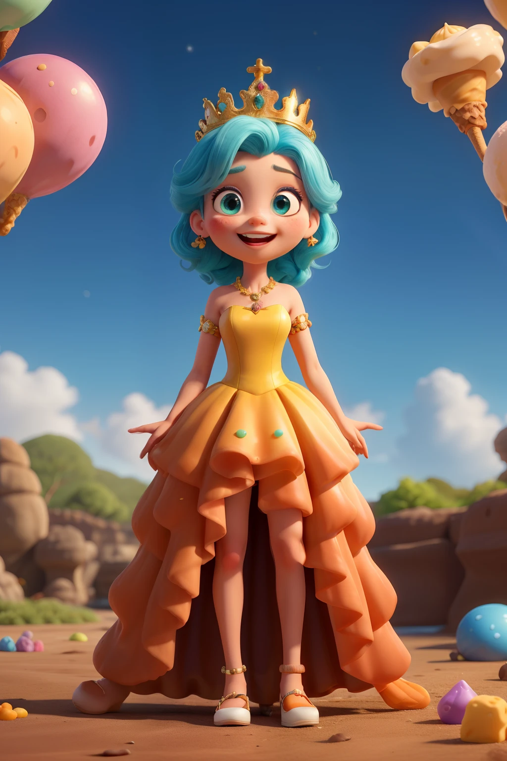((Melhor qualidade)), ((obra de arte)), (detalhado), rosto perfeito
A Princesa Amora sorri radiantemente, com seus longos cabelos roxos e olhos brilhantes. She has a beautiful crown on her head and wears a long floor-length dress made from an ice cream cone., adorned with chocolate flowers and caramel bows.
Ao fundo, a magical kingdom unfolds in vibrant tones: jujubas verde-esmeralda, chocolate rivers under sugary blue skies and giant lollipops.
Criaturas doces como biscoitos sorridentes, Fluffy marshmallows and dancing gummy bears complete the scene, criando um ambiente alegre e convidativo.