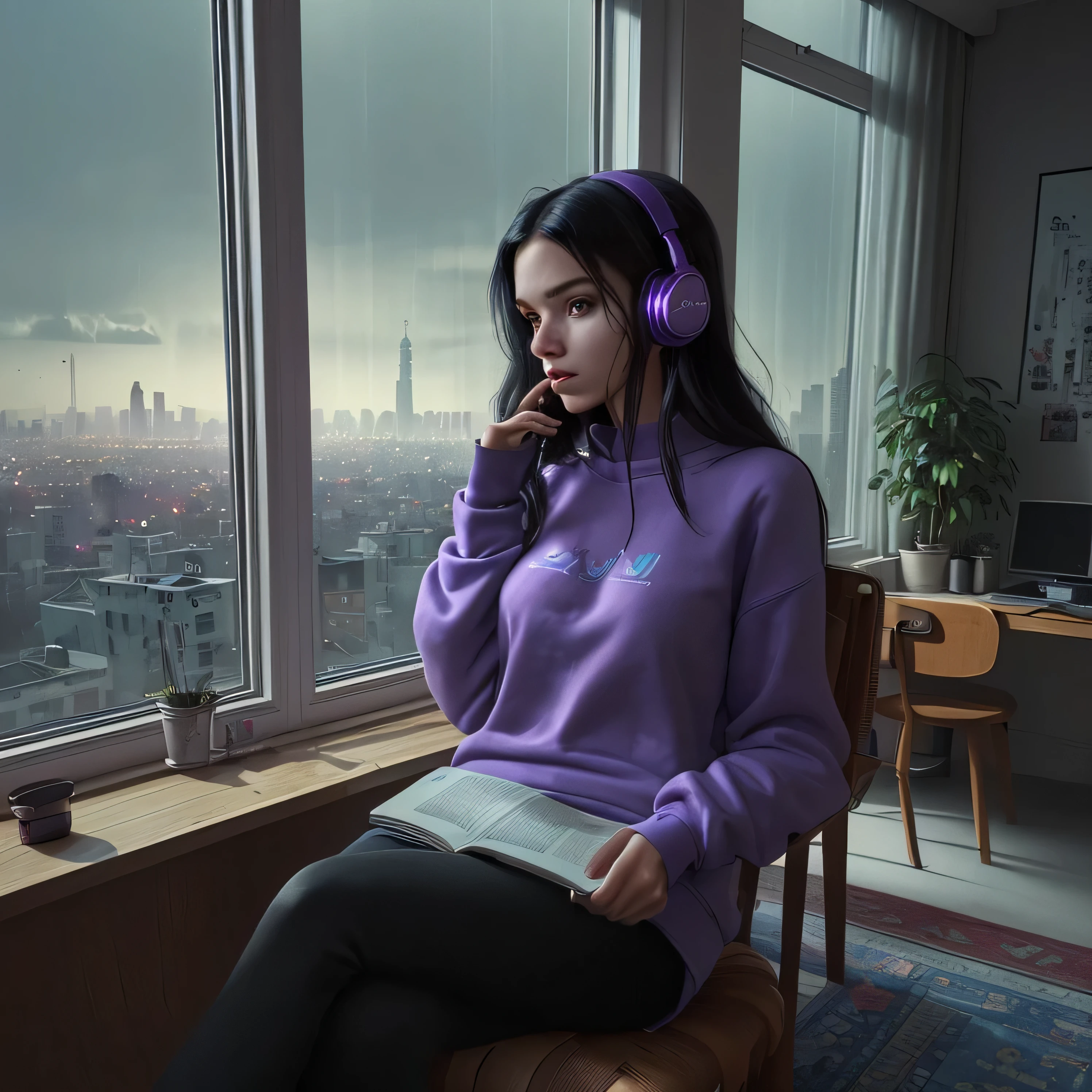 (Cozy, lofi, girl, skinny, purple sweatshirt, aesthetic, blue, ultra-detailed, ultra-high-resolotion, in-bedroom, with the veiw of cyberpunk city at night in the big windows ,plants-in-the-room, some books on the desk, wearing headphone, black eyes, red iranian carpet on the floor, sitting on the woody chair, sitting near the window, looking at the city from window)