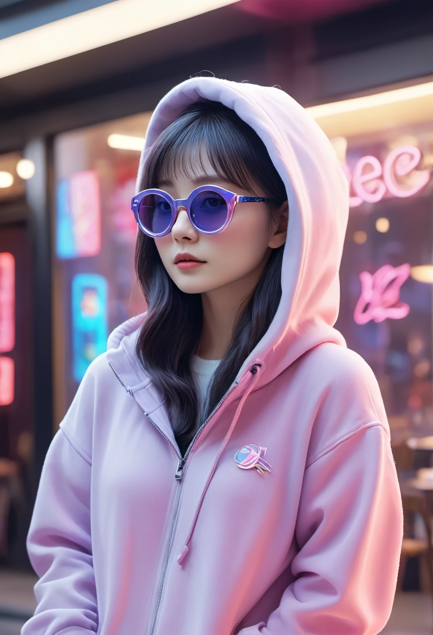 In a strange and lovely cafe, Furry kitten, crafted from Very detailed curling, Thin glowing colored smoke, Wear a rose hoodie，戴上Fashion、interesting、Giant shiny sunglasses. Against a backdrop of energetic neon format spelling VIKUSIA, Fainoho Today, Capture its magic in a digital art masterpiece. Incorporate volumetric 3D renderinging, octane rendering, and energetic graffiti elements to create a fantasy illustration that showcases its Fashion-forward style. Make it pop with a poster-worthy 3D rendering that embraces the essence of this captivating character ((Stunning and alluring views)). 3d, Very detailed, sharp focus, 8K, super quality, ultra high definition, crystal clear, Bokeh. Black magic Pocket Cinema Camera 6K Pro 配备 Sigma 18-35mm f/1.8 DC HSM Art Lenses for Canon EOS 5D Mark IV Camera，With Canon EF 24-70mm f/2.8L II USM lens--ar 9:16 -- 5 o&#39;clock.2 --750, architecture, energetic, wildlife photography, portrait photography, Fashion, cinematic, format, 3D rendering, poster, photo