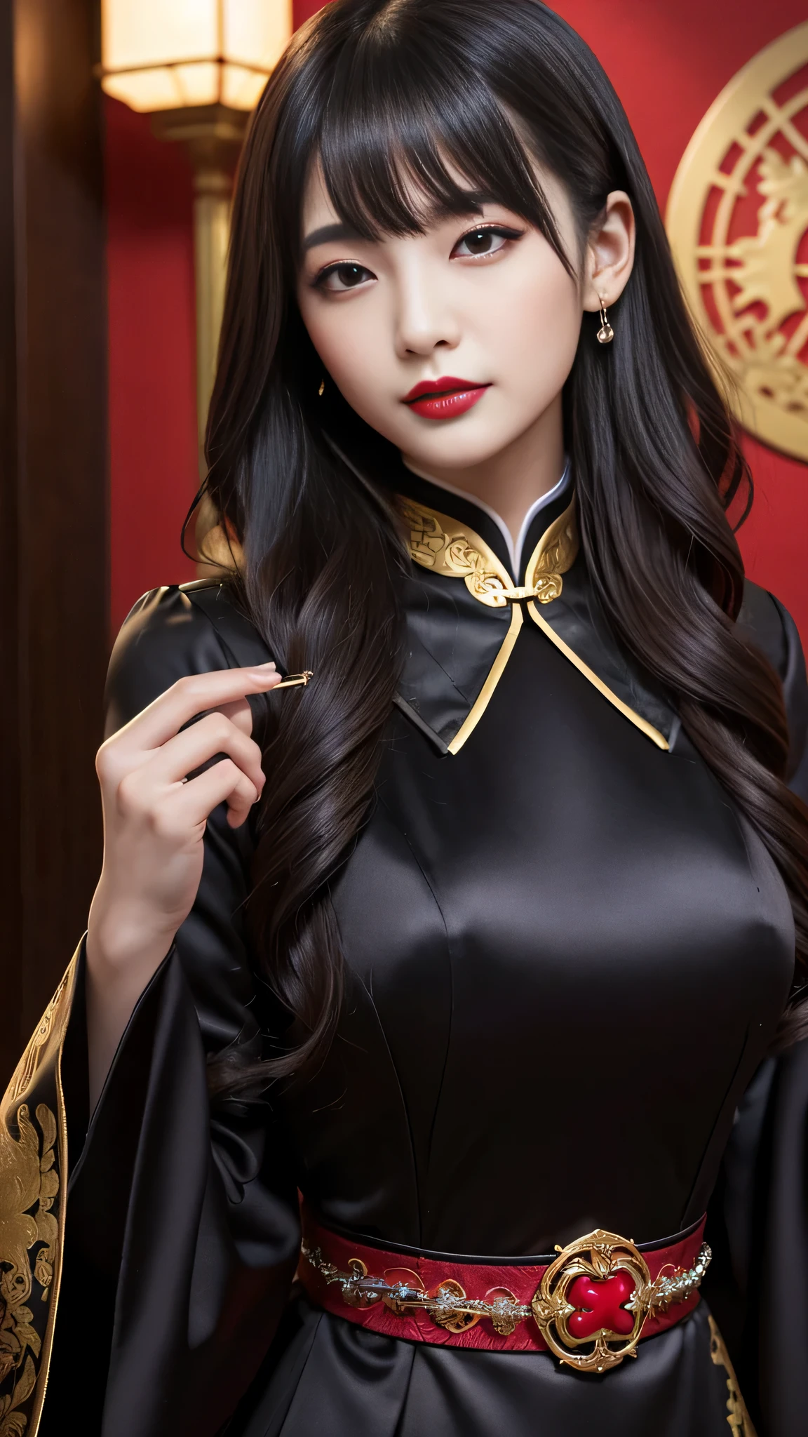 tra-detailed、Japanese、attractive beauty、seductive adult woman、pretty woman、piercing eyes、cool girl、wavy hair、swept bangs、Long Black and Gold Cheongsam、wide sleeves、Evil cadres、evil depravity、brainwash、mind control、lipstick、lip gloss、dark makeup、smirk、whisper in your ear、Evil expression、evil、hollow eyes,half-closed eyes、empty eyes、evil、church at night、vampire、succubus、vampire、Swear allegiance、sexy pose、bracelet