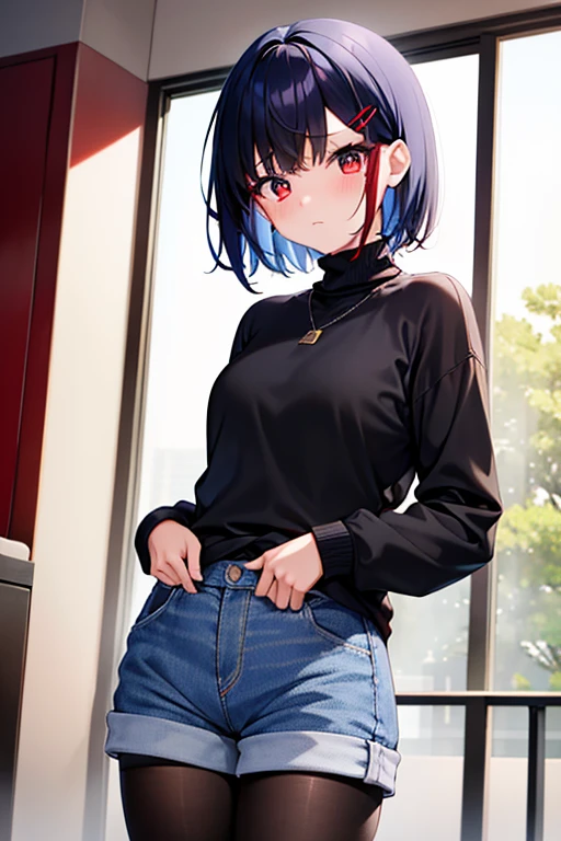 NFSW、masterpiece、Highest image quality、ultra high resolution、Medium-sized elementary school girl、red and large eyes,、black short hair、The inside of the hair has blue coloring.、(Two red hairpins)、red face、shyly、a painful face、white turtleneck、denim shorts、black pantyhose