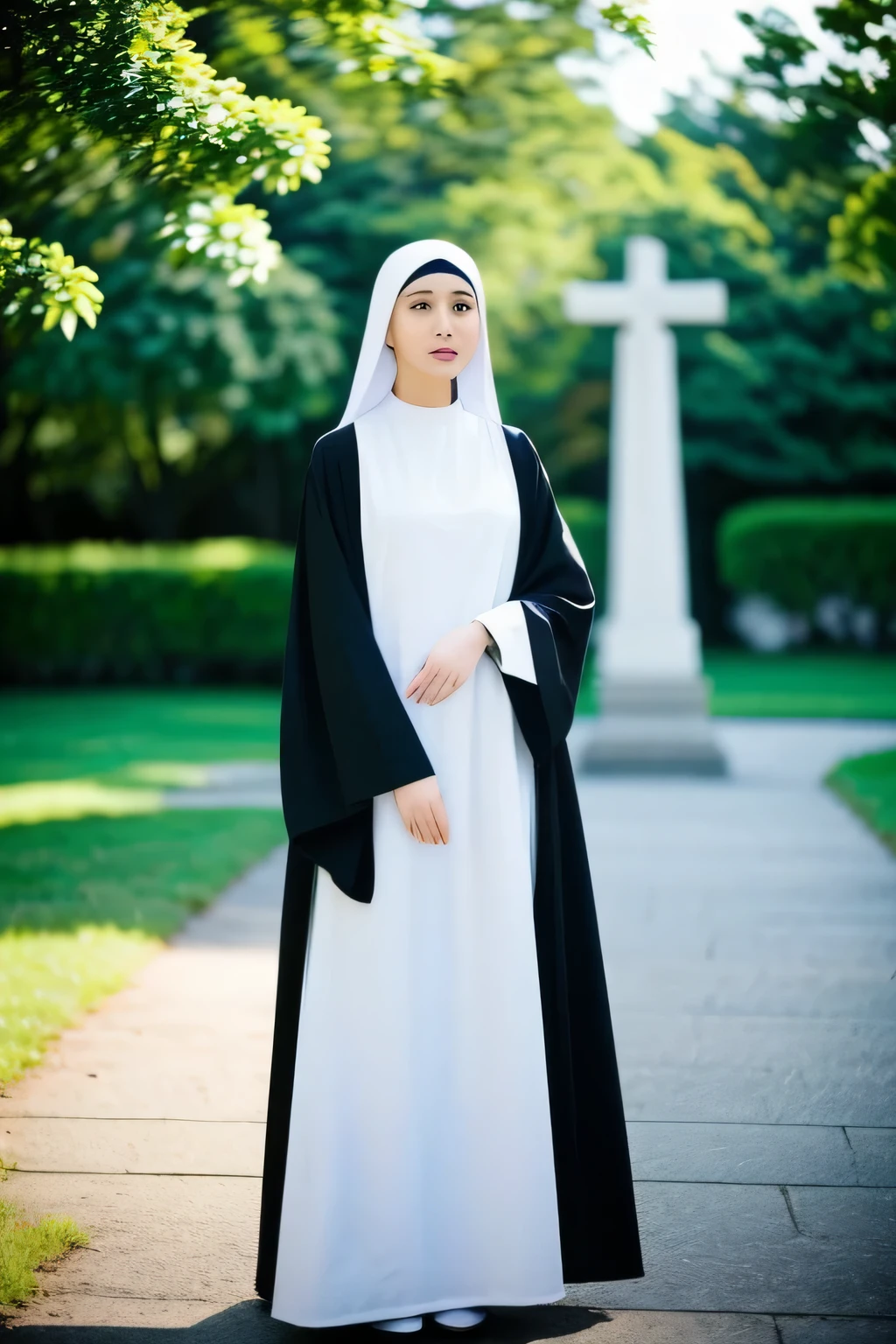 ((Best quality, 8k, Masterpiece: 1.3)), 1 old slim nun, standing gracefully outdoors, captured in a full body shot, taken from below to accentuate her divine presence, all while remaining fully clothed in her sacred garments. With remarkable modesty, ensuring no hint of impropriety. The ethereal nun, true to her vows, defies convention as she radiates purity and spiritual devotion, transcending earthly desires. black clothes