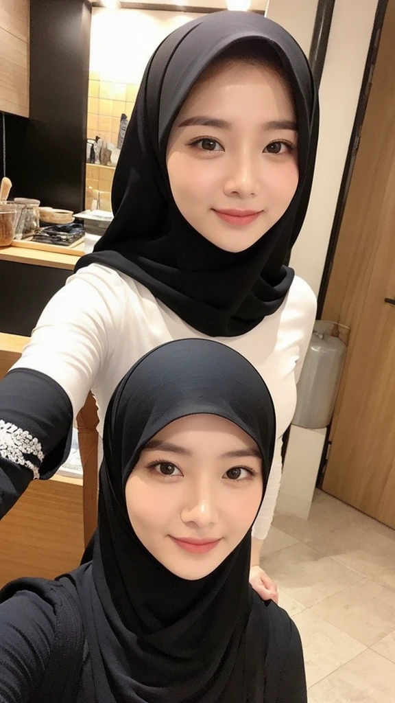 beautiful woman、scarf, Indonesia, Islamic style Arabic practical,  coffee shop, Hand-Pulled Noodle、Selfie、The face is cute、Wanlak Ayansi appears. fair、alone