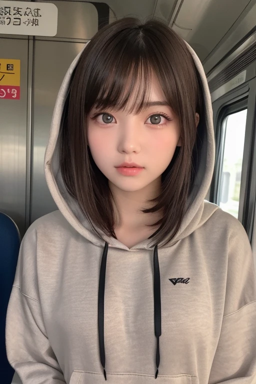 masterpiece, Best Quality, One girl, (a beauty girl, delicate girl:1.3), (:1.3), Very fine eye definition, (Symmetrical eyes:1.3), (inside train:1.2), (hoodie:1.3), small breasts, Brown eyes, Parted bangs, Brown hair, petit girl, (eyes and faces with detailed:1.2)