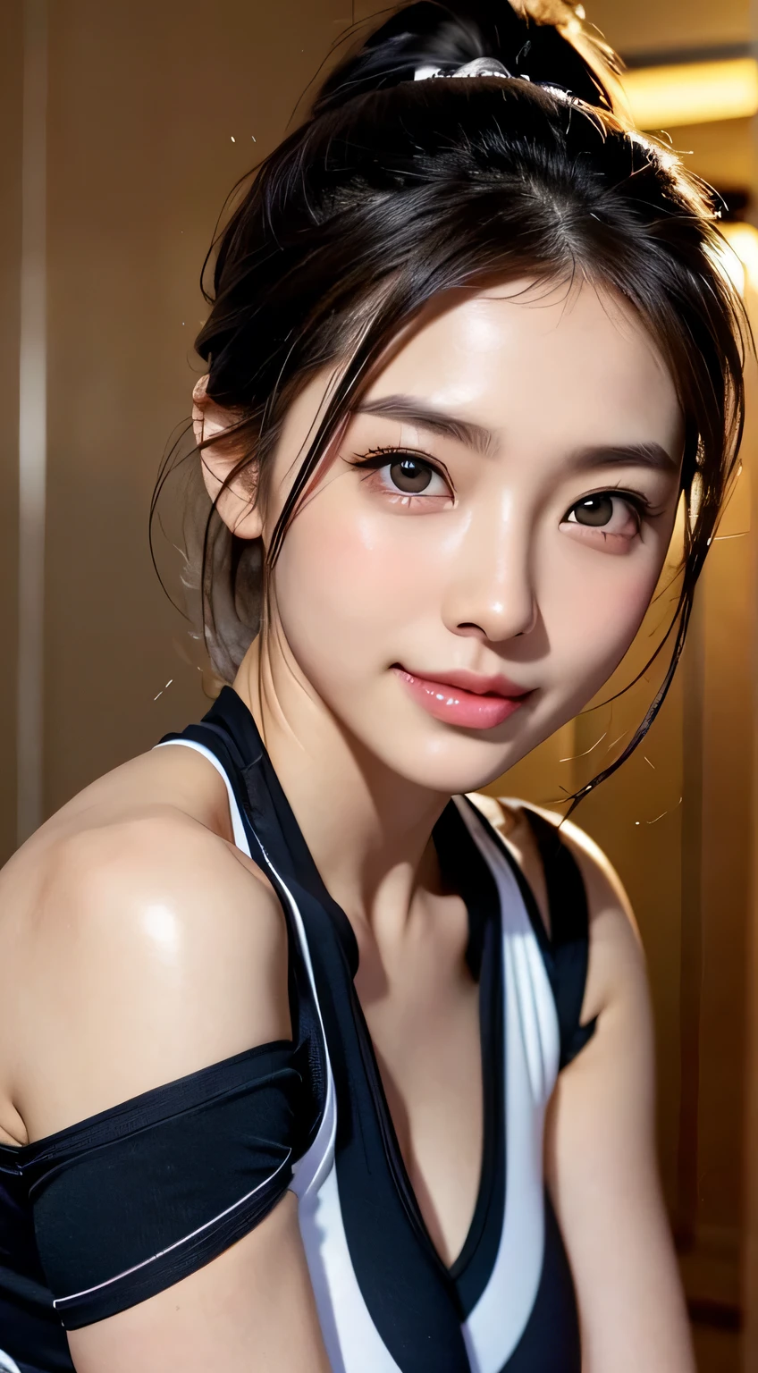 Beautiful woman、body portrait、32k、fine and beautiful eyes、Dindal effect、masterpiece、最high quality、high quality、High resolution、Very detailed photos、(natural skin texture、fine skin、hyper realism、Super Sharpness)、high detail skin 、(very fine、fine skin texture、intricate details、beautiful face、japanese idol、(lifelike face)、realistic eyes、beautiful and detailed eyes、Training at the fitness gym、Wearing training wear:1.3,ponytail、realistic skin、beautiful skin、big breasts、G cup、big breasts、glamorous、Glossy skin、Greasy muscles 、daytime、surreal、very detailed、golden ratio、smiling eyes、Body Portrait、full body shot:1.5