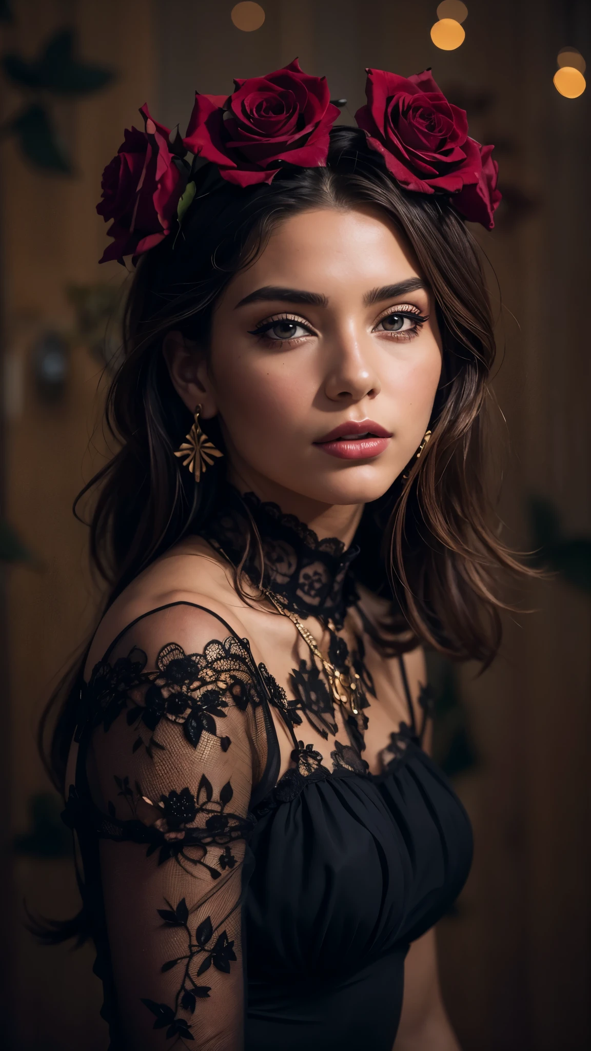 8k, RAW photo, Fujifilm, style photo of a beautiful 16 year old woman, square face, a red rose on the neck, wearing black lace dress with red, golden earrings, strong features like a spinning dove, (highly detailed skin: 1.2), medium brown hair with lights, film grain, 35mm, cute style