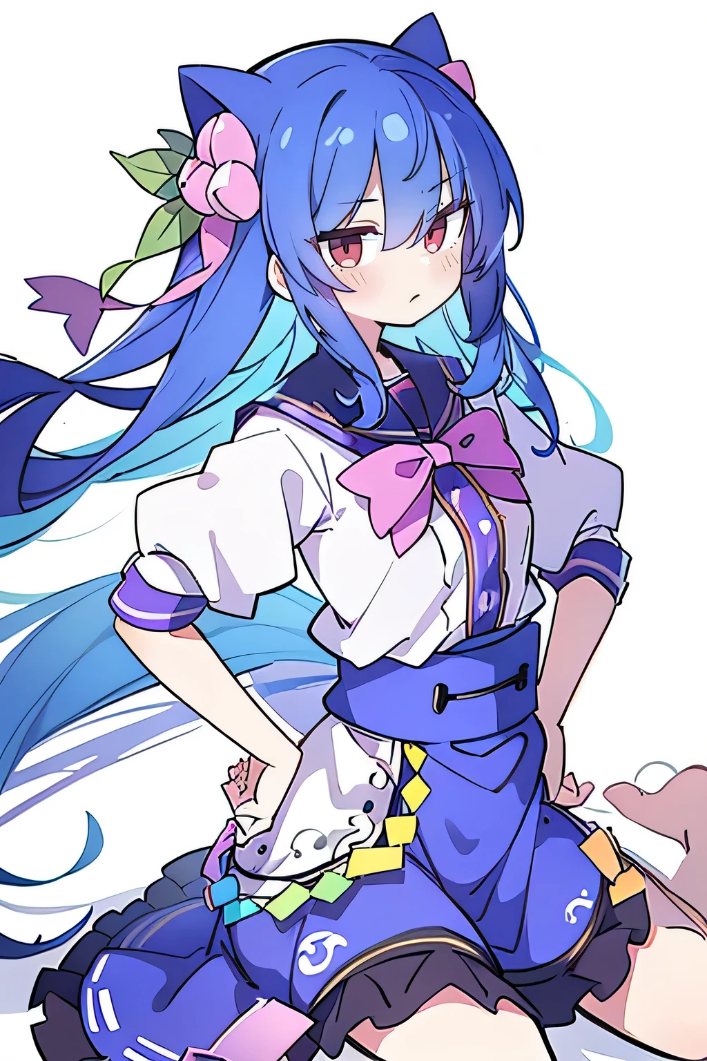 (best quality,masterpiece:1.2),expressive eyes, perfect face, 1 girl, hands on waist, beautiful, glamorous, Japanese anime, girl, Lola, Hinata Angel, blue hair, blue-haired, floating clothes, waist grab, waist grab, hands on hips, hands on hips, sitting, sitting on the ground, legs on the ground, flat-chested, purple eyes