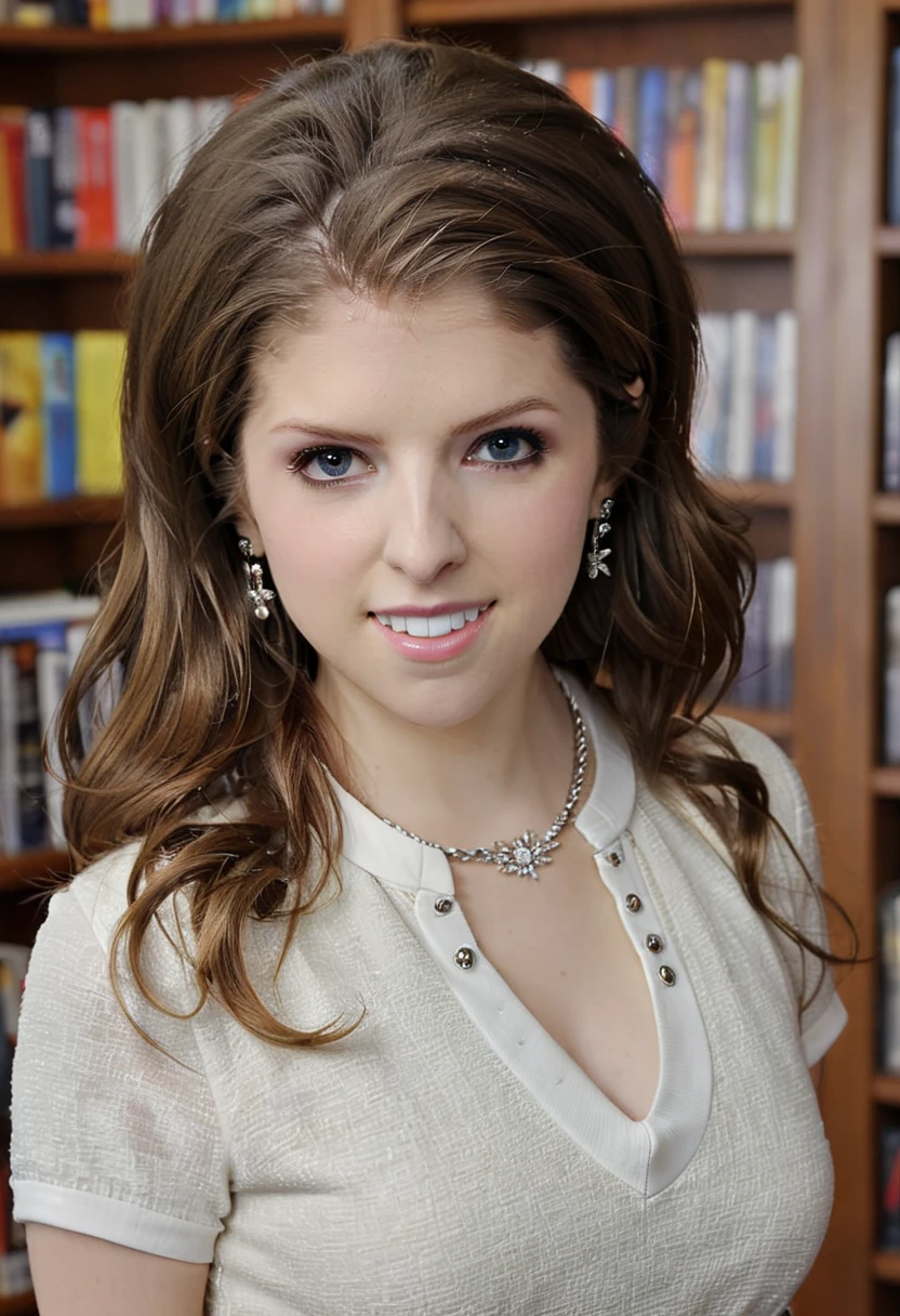 (((beautiful gorgeous Anna Kendrick (ohwx), posing for photos, looking sexy, showing off her smile, ruffled lips, long brown hair, extremely pretty eyes))), ((wearing floral silver necklace)), realistic photograph, highly detailed, sharp focus, (key lighting), (indoor bookstore setting), masterpiece, extremely gorgeous, flawless beauty, (perfect fit body, wide hips, small waist, thick thighs, firm abs, beautiful body, medium breasts), ((30 years old)), (extremely detailed 8k wallpaper), ((detailed face)), (((wearing white shirt, short tweed skirt, nylons with one seam, strappy sandals)), (long dark eye lashes), (((earrings))), ((())), (((viewed from behind))), (looking at camera), ((())), (glamour model), (flirty and happy facial expression) (((standing in between tall bookshelves filled with books))), extremely detailed, masterpiece, intricate details, highly detailed, sharp focus, detailed skin, realistic skin texture, texture, detailed eyes, high resolution, kodak vision color, foto_\(ultra\), post-processing, maximum detail, roughness, real life, ultra realistic, photorealism, photography, absurdres, RAW photo, highest quality, high detail RAW color photo, professional photo, extremely detailed UHD 8k wallpaper unit, best quality, highres, (masterpiece, top quality, high resolution:1.4), photo, cinematic, film grain, sharp, soft natural light, magic photography, super detailed