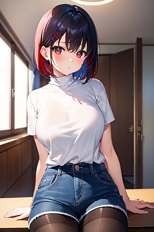 NSFW、belly button、Thigh、(Big Tits、Big Breasts、Transparent breasts)、(Erect nipples、White crew neckＴshirt、Denim shorticro Mini Pants、Red Cap)、(Big Tits、Big Breasts)、(tall、Toned body、slim body、Brown Skin、Sunburn、Big Breasts)、（Slanted Eyes、Dark Eyes）、(Sexy look、Erotic look、Estrus、Lust)、((black hair medium straight、Black hair medium bob))、In town、Female teacher, 23 years old、Rumiko Honjo、((masterpiece))、((Highest quality))、((detailed)、((Adult female))、photograph、美しくdetailedな顔、detailedな目、独奏、