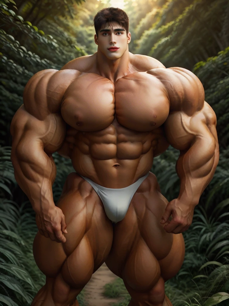 1boy, pietroboselli, giant, model shoot style, looking at viewer, standing, illuminating light, golden hour, outdoor, strong body, bulk, massive body, wide pecs, large size, brown skin, standing, in the forest, transparent white triangular underwear, prominent bulge, brutalmass