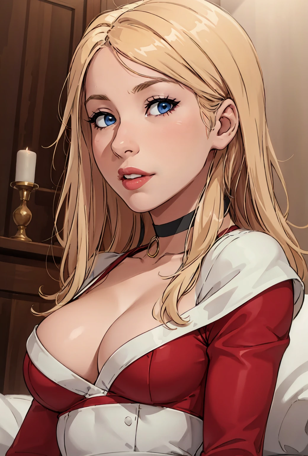 (best quality,highres),(realistic:1.37),(portrait),(studio lighting), ,solo mature woman,curvy, giant breasts, giant ass,straight strawberry blonde hair, dusty blue eyes,full lips, seductive, choker, dress as a cop