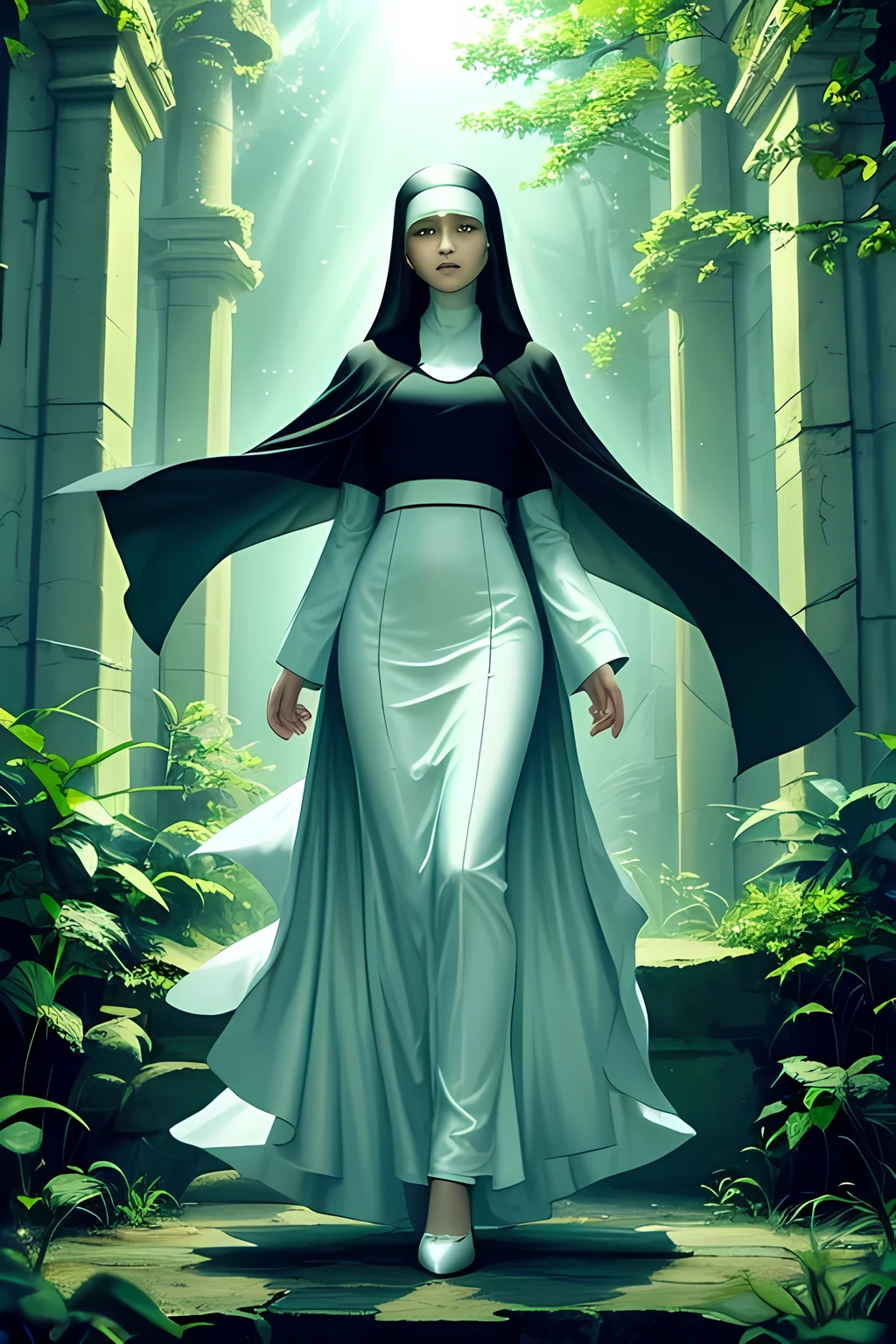 (Masterpiece, top quality, best quality, official art, beautiful and aesthetic: 1.2), (1 old slim nun), Extreme detailed, colorful, highest detailed, full body shot, Taken from below, Outdoor setting, Fully clothed, Delicate and intricate robe, Soft and flowing fabric, Slender and graceful figure, Serene expression, Harmonious composition, Atmospheric perspective, Soft focus, Golden hour lighting, Sunrays filtering through, Shimmering aura, Noble and spiritual, Neo-classical, Minimalist, Zen-inspired, Black clothes
