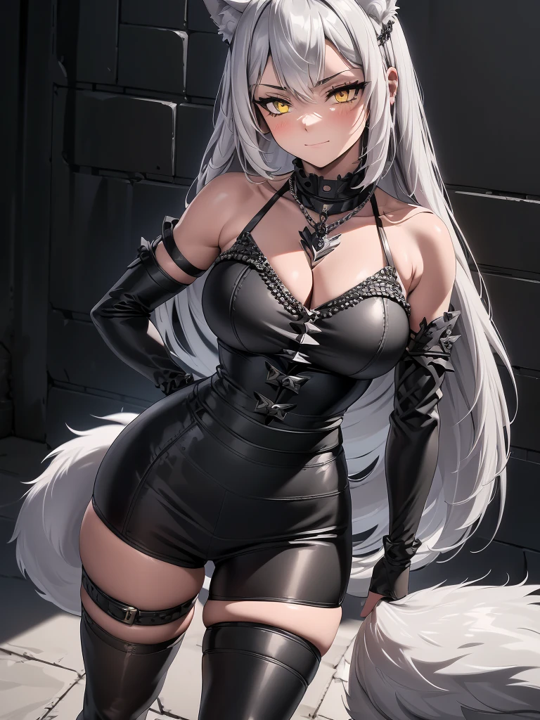 8K, Full body portrait, single young woman, especially detailed face, masterpiece, wallpaper, highlydetailed face, ultra-detailed face, beautiful and aesthetic wolf tailed girl, athletic fit body, big breasts, curvy, long hair, gray-silver hair, a young wolf woman, wolf ears, cute wolf tail, long wolf tail, silver fur tail, wolf-like irises, beautiful, enchanting, bright yellow eyes, detailed eyes, ultra-detailed eyes, accurate eyes, detailed irises, correct body proportions, elegant, small vertical scar under right eye, small rosy lips, big breasts, slender elegant arms, pretty hands, detailed hands, charming, slight blush, smug smile, black edgpshorts with stylish metal chains and a black top, detached sleeves, light black armor, armored bike shorts, two piece outfit, black armored fur cloack, black metal armor, bare off shoulders, toned abs, exposed belly, standing pose, hands on hips pose, cute pose, black thighigh on left leg, sole girl