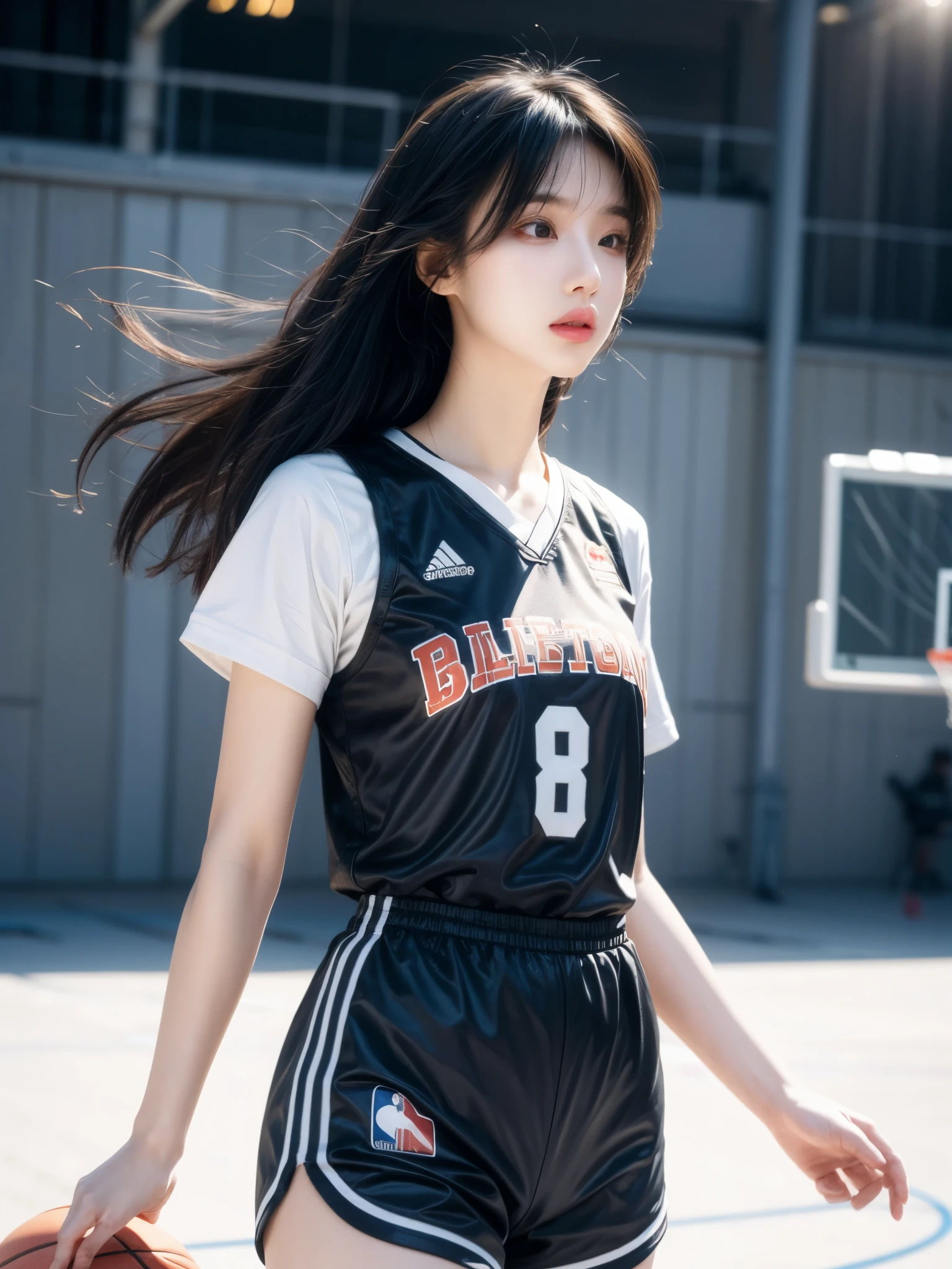 (8k, best quality, masterpiece:1.2), (realistic, photo-realistic:1.37), ultra-detailed,best quality, ultra high res, professional lighting, photon mapping, radiosity, physically-based rendering, cinematic lighting, basketball court,depth of field, sharp focus,sunbeam, good composition,(bokeh:1.2) 1girl,solo,(full body), (closed mouth),beautiful detailed eyes, pose, narrow waist,basketball uniform, black hair,messy hair,long hair floating in wind,(ulzzang-6500:1.2),  mix4, hiqcgbody