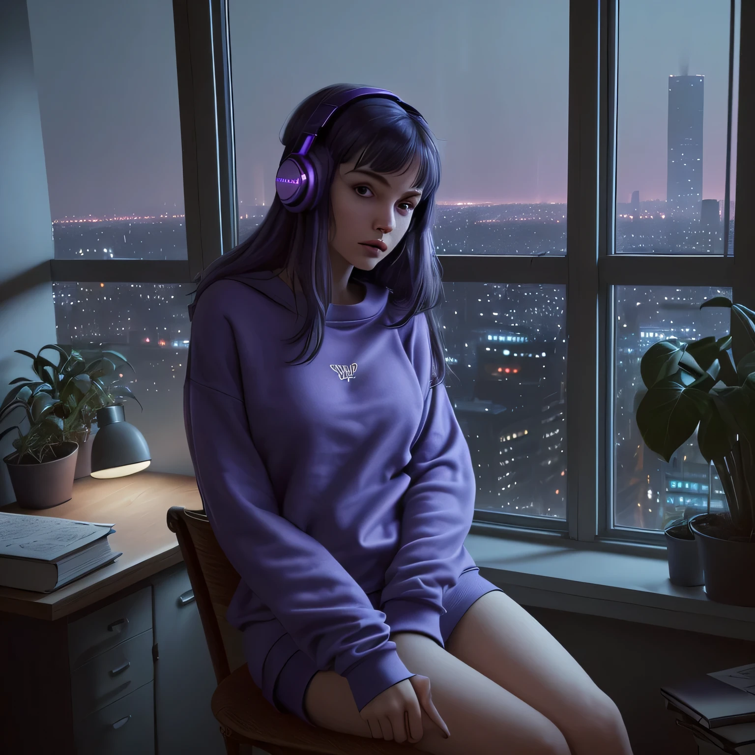 (Cozy, lofi, girl, skinny, purple sweatshirt, aesthetic, blue, ultra-detailed, ultra-high-resolotion, in-bedroom, with the veiw of cyberpunk city at night in the big windows ,plants-in-the-room, some books on the desk, wearing headphone, black eyes, sitting on the woody chair, sitting near the window, looking at the city from window)
