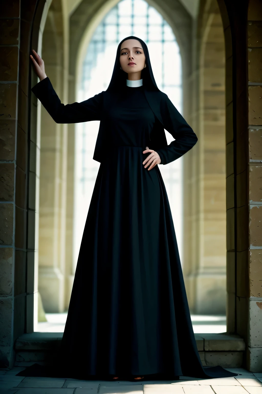 RAW, Best quality, high resolution, masterpiece: 1.3), old slim nun, Standing outdoor, Full body shot, From below, Fully clothed, Braless, black clothes

Masterpiece: 1.3, Beautiful young nun, Outdoor full body shot, Taken from below, Modestly dressed, Ample bosom discreetly concealed, No bra visible

This stunning image of a young nun captures her beauty and grace as she stands in the sunlight, fully clothed and covered from head to toe. The full body shot, taken from below, accentuates her slim figure and the flow of her habit,