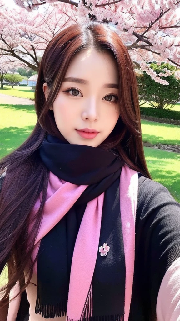 actual, Super sharp, beautiful woman、scarf, Indonesia, Cherry blossoms、Selfie、The face is cute、Wanlak Ayansi appears、1 girl, fashionable