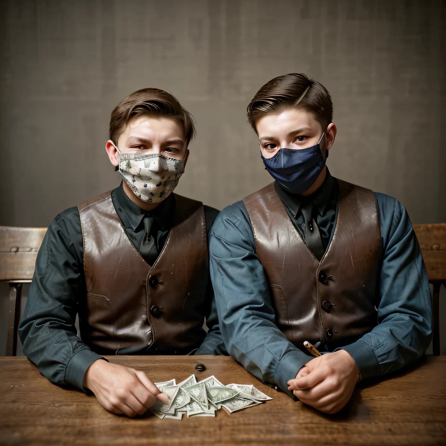 Two boys wearing thug masks seated at a table counting money with riffles leaning on the table ((realistic)), ((vintage background))
