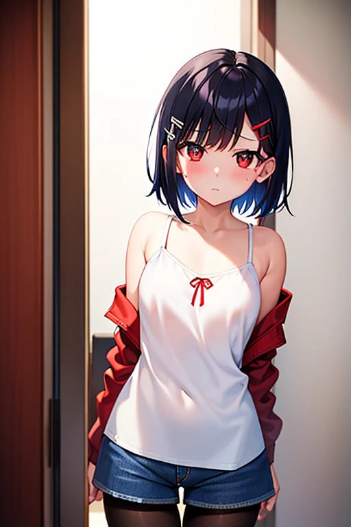 NFSW、masterpiece、Highest image quality、ultra high resolution、Medium-sized elementary school girl、red and large eyes,、black short hair、The inside of the hair has blue coloring.、(Two red hairpins)、red face、shyly、a painful face、White bare top、denim shorts、black pantyhose