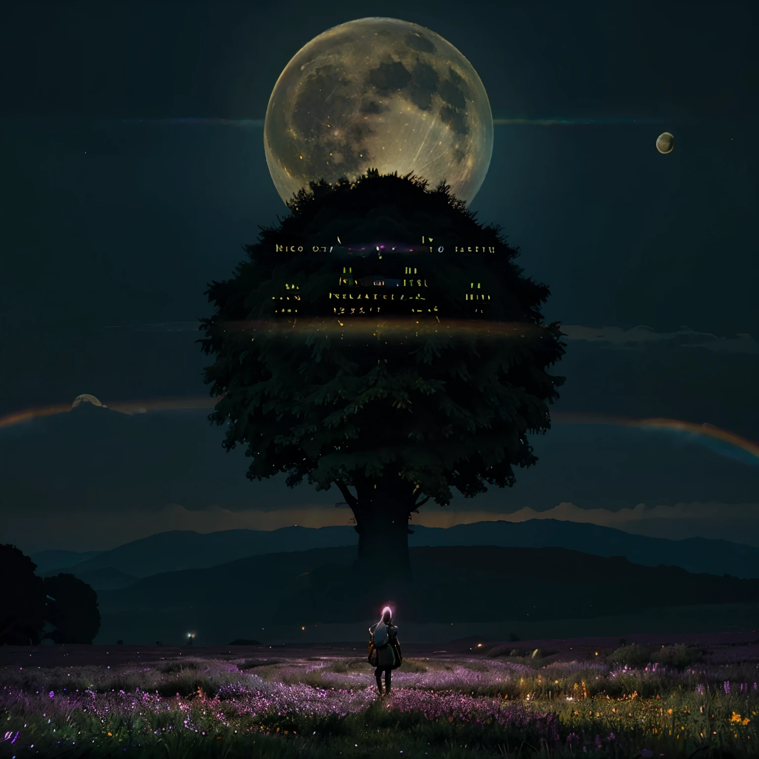 A wide landscape photo, (viewed from below, the sky is above, and the open field is below), a girl standing on a flower field looking up, (full moon: 1.2), (meteor: 0.9), (nebula: 1.3), distant mountains , Trees BREAK Crafting Art, (Warm Light: 1.2), (Firefly: 1.2), Lights, Lots of Purple and Orange, Intricate Details, Volumetric Lighting BREAK (Masterpiece: 1.2), (Best Quality), 4k, Ultra Detailed, (Dynamic Composition: 1.4), Rich in Detail and Color, (Rainbow Color: 1.2), (Glow, Atmospheric Lighting), Dreamy, Magical, (Solo: 1.2), Neon, Dark Fantasy 