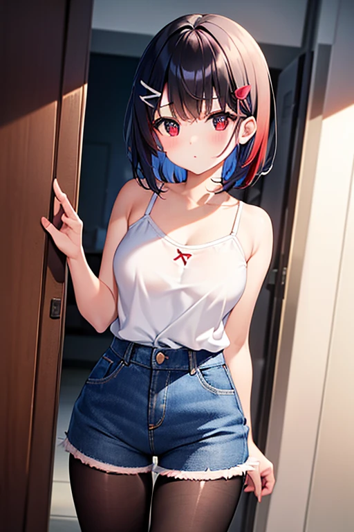 NFSW、masterpiece、Highest image quality、ultra high resolution、Medium-sized 、red and large eyes,、black short hair、The inside of the hair has blue coloring.、(Two red hairpins)、、White bare top、denim shorts、black pantyhose