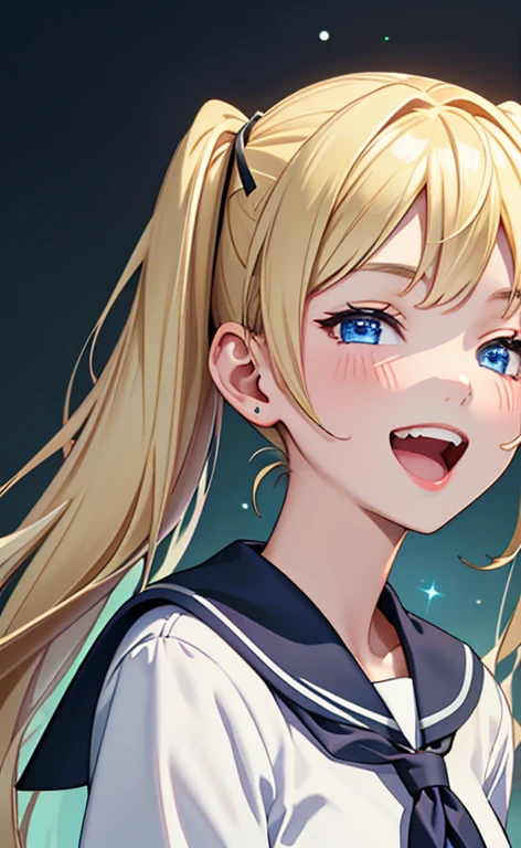 (masterpiece、top-quality、8k size wallpaper、offcial art)、(portrait,upper body:1.6)、(1girl),(very loud laugh,Open mouth:1.3),(half closed eyes),cute face,blue eyes、(short twintails)、
,(stand),(Shining smile),(Sparkling),
,(slender),(school uniform),(long fluorescence blonde hair1.3), (small breasts)、
、fluorescence、classroom,JK、