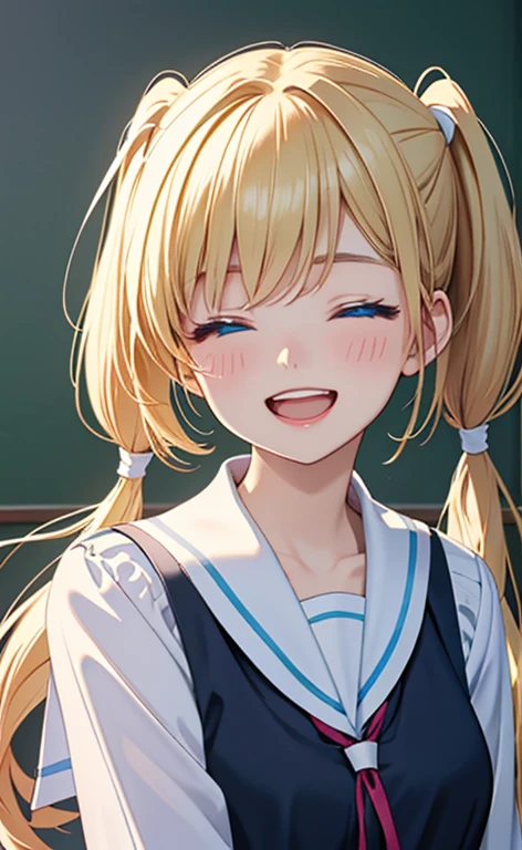 (masterpiece、top-quality、8k size wallpaper、offcial art)、(portrait,upper body:1.6)、(1girl),(very loud laugh,Open mouth:1.3),(half closed eyes),cute face,blue eyes、(short twintails)、
,(stand),(Shining smile),(Sparkling),
,(slender),(school uniform),(long fluorescence blonde hair1.3), (small breasts)、
、fluorescence、classroom,JK、
