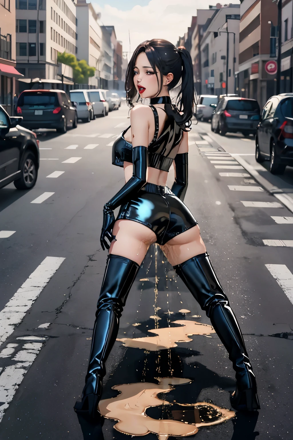 anime, best quality, high quality, highres, beautiful women, high detail, good lighting, lewd, hentai, (((black latex shorts))), (((black latex thigh high boots))), black latex top, bare midriff, (bare thighs), (black latex gloves), leather choker, wet shorts, (((wetting herself))), (((peeing herself))), (((peeing self))), (pee streaming down legs), peeing stain, (puddle), (thick thighs), nice long legs, lipstick, detailed face, pretty face, seductive face, sexually aroused, sexually excited, ((in public city sidewalk)), hihelz, ((view of butt))