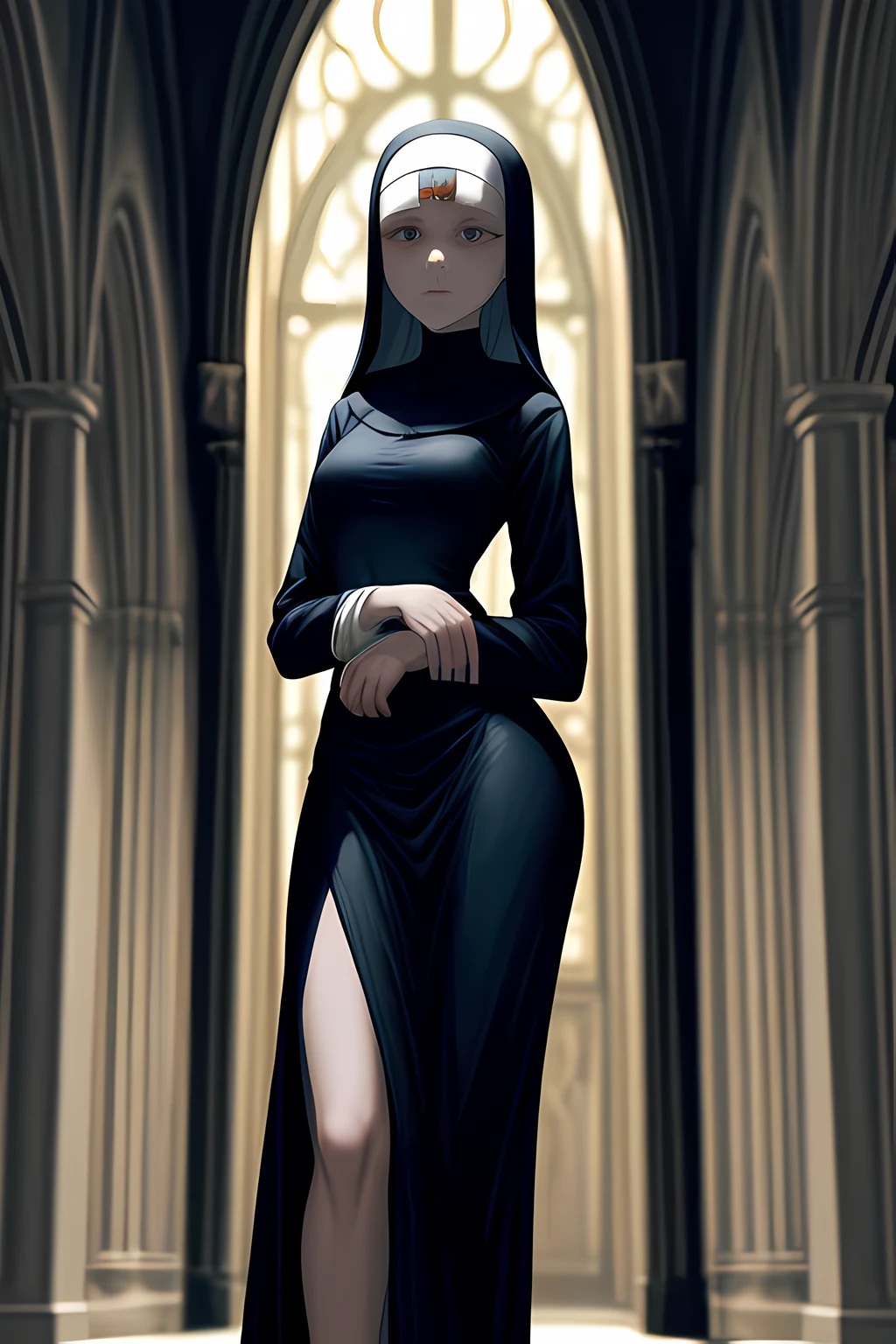 Young slim nun, standing outdoors with a full body shot taken from below, her figure clothed in habitual attire, a testament to her religious devotion. The braless nature of her black outfit was concealed beneath the voluminous garments, revealing only the slender curves of her waist and the worried expressions etched across her face. The sunlight gleamed off the shiny fabric of her habit, showcasing the intricacies of the nun's attire and the subtle contours of her body. detailed face,