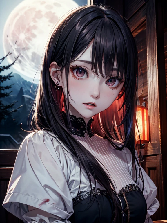 absurd, super detailed,bright colors, very beautiful detailed face and eyes,highest quality、table top、horror、valley、long black hair、red eyes、return blood、Remains、starry sky、Red Moon