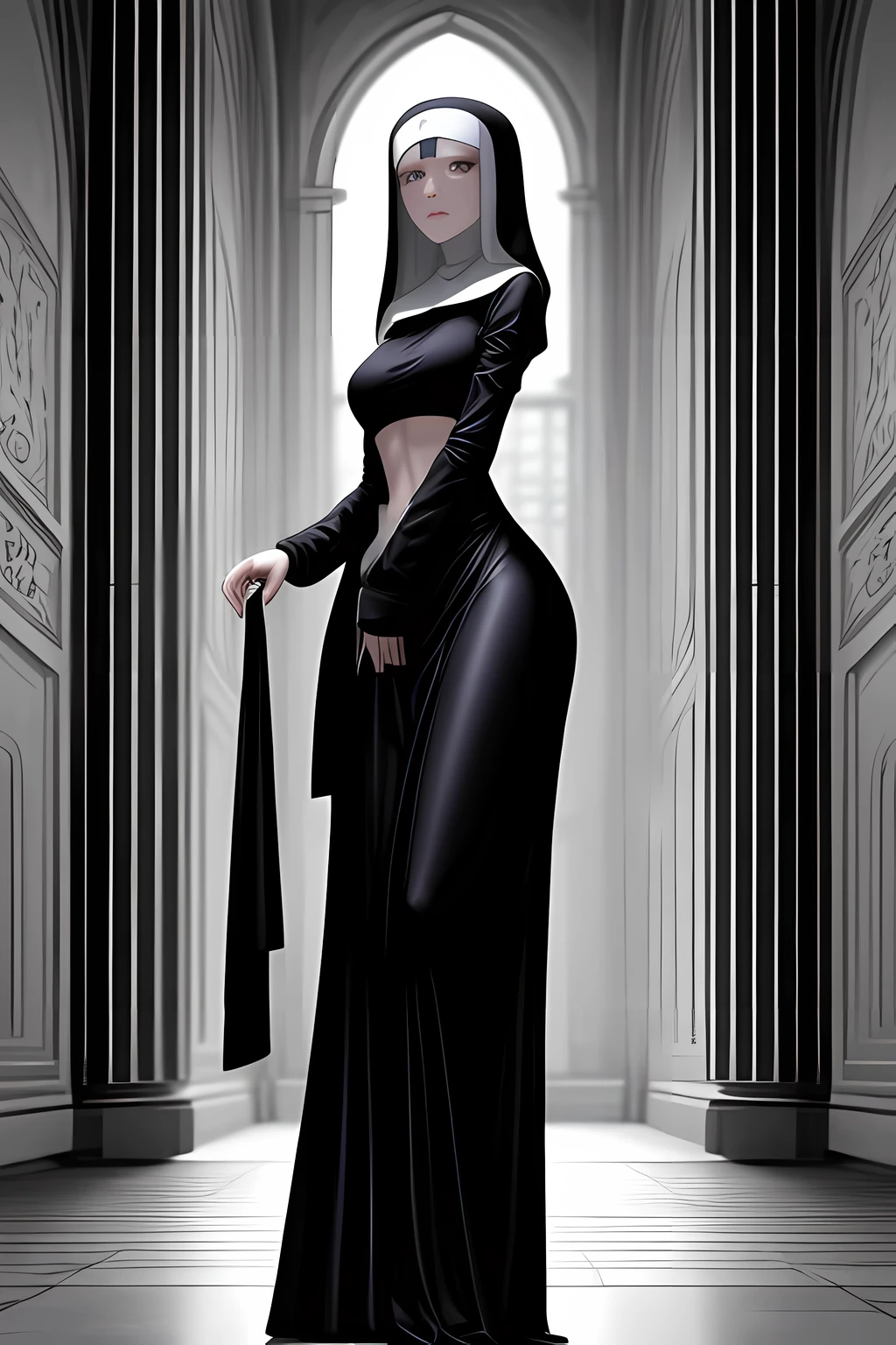Young slim nun, standing outdoors with a full body shot taken from below, her figure clothed in habitual attire, a testament to her religious devotion. The braless nature of her black outfit was concealed beneath the voluminous garments, revealing only the slender curves of her waist and the worried expressions etched across her face. The sunlight gleamed off the shiny fabric of her habit, showcasing the intricacies of the nun's attire and the subtle contours of her body. detailed face, 