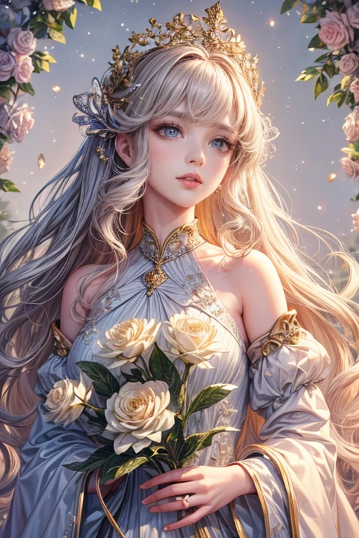 (highest quality,8K,cg),Upper body details, girl,flower forest background,complex facial features,elegant long curly hair,large almond shaped eyes,detailed eye makeup,long eyelashes,twinkling stars,exquisite lip detail,soft and harmonious style.