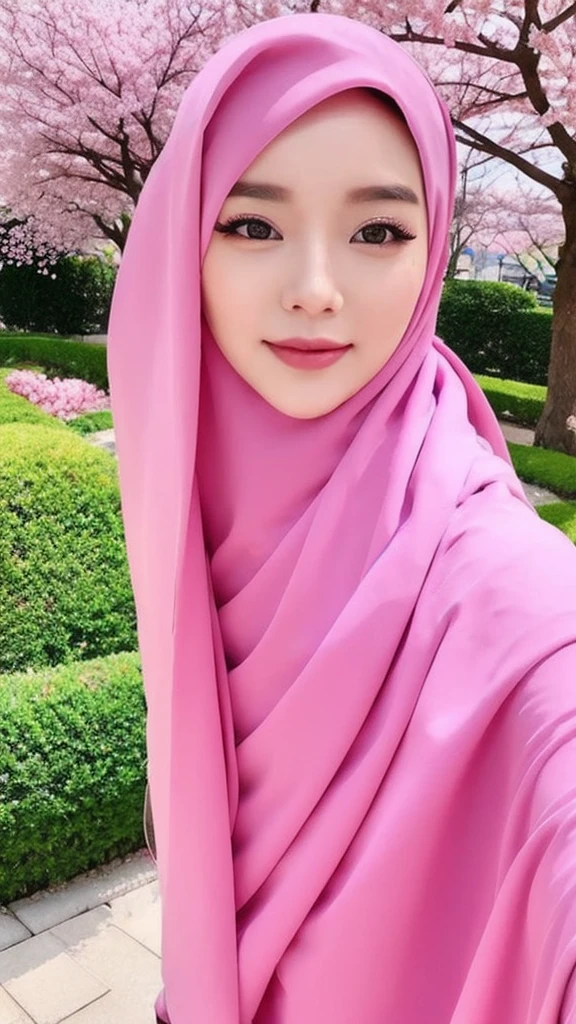 actual, Super sharp, beautiful woman、scarf, Indonesia, Cherry blossoms、Selfie、The face is cute、Wanlak Ayansi appears、1 girl, fashionable