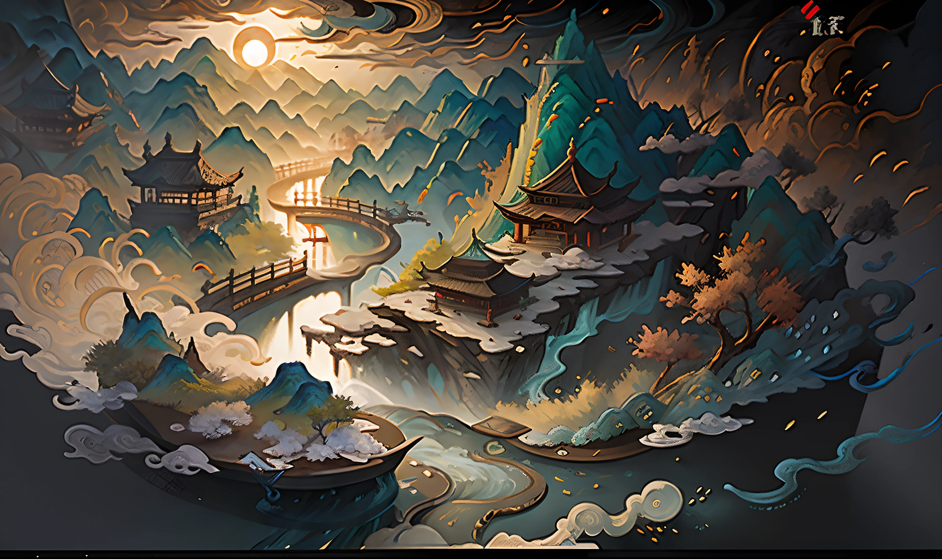 中国Mountain水画, Mountain, river, Xiangyun, Sunlight, masterpiece, Super details, epic work, ultra high definition, high quality, Very detailed, official art, Uniform 8K wallpaper, Super details, 32k -- v 6
