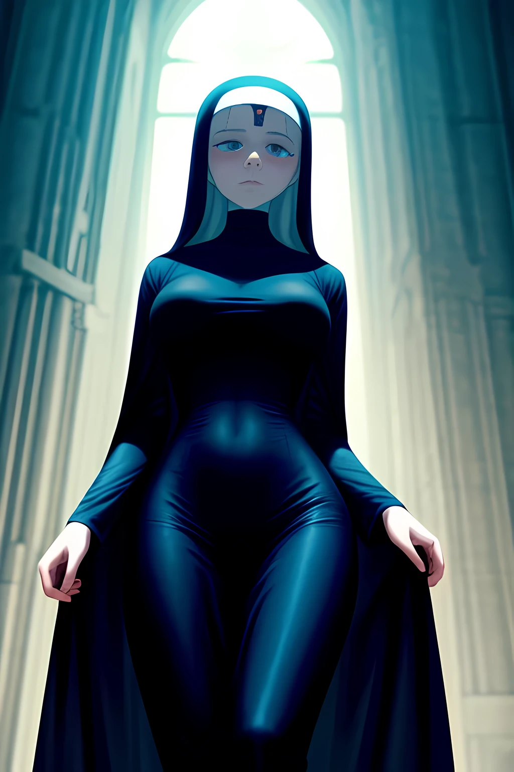 old slim nun, standing outdoors with a full body shot taken from below, her figure clothed in habitual attire, a testament to her religious devotion. The braless nature of her black outfit was concealed beneath the voluminous garments, revealing only the slender curves of her waist and the worried expressions etched across her face. The sunlight gleamed off the shiny fabric of her habit, showcasing the intricacies of the nun's attire and the subtle contours of her body. detailed face