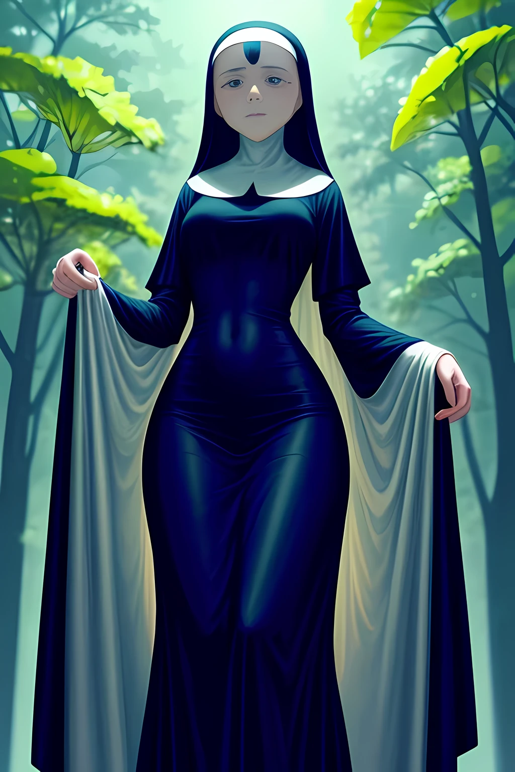 Best quality, masterpiece, high resolution, ultra-realistic 8k CG, beautiful girl, gray hair, blue eyes, open mouth, puffy, plump body, nun bandana, (tunic, nun dress), fleshy thighs, (full body white pantyhose), high heels, full body, looking at the audience, symmetrical, charming, complex, sexy, elegant, hands interlocked, hair accessories, necklace, cleavage, tyndall effect, realistic, dark studio, edge lighting, two-tone lighting, (high detail skin: 1.2), 8k uhd, dslr, soft light, high quality, volumetric light, sneak peek, photo, high resolution, 4k, 8k, bokeh,