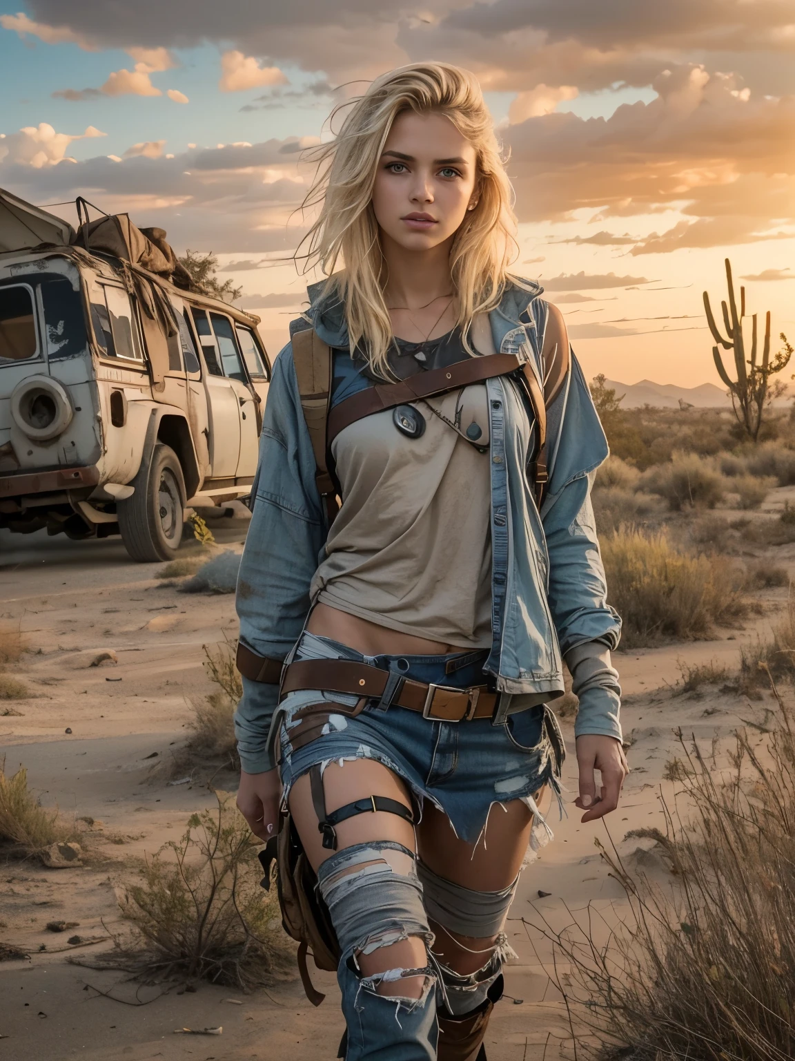 Masterpiece, Transitioning to a desert landscape at sunset, a lone figure, a beautiful 15 years old American teenage girl emerges wearing post apocalyptic nomadic clothes, very white skin, blonde hair, blue-grey eyes, freckles on face, slim running body, small breasts, very detailed face, ultra realistic face,  clean but tired face, very beautiful face, post-apocalyptic clothing, layers of tattered fabric, unconventional accessories, and a weathered look create an aura of survival and resilience, 16K, ultra high res.photorealistic, UHD, RAW, DSLR