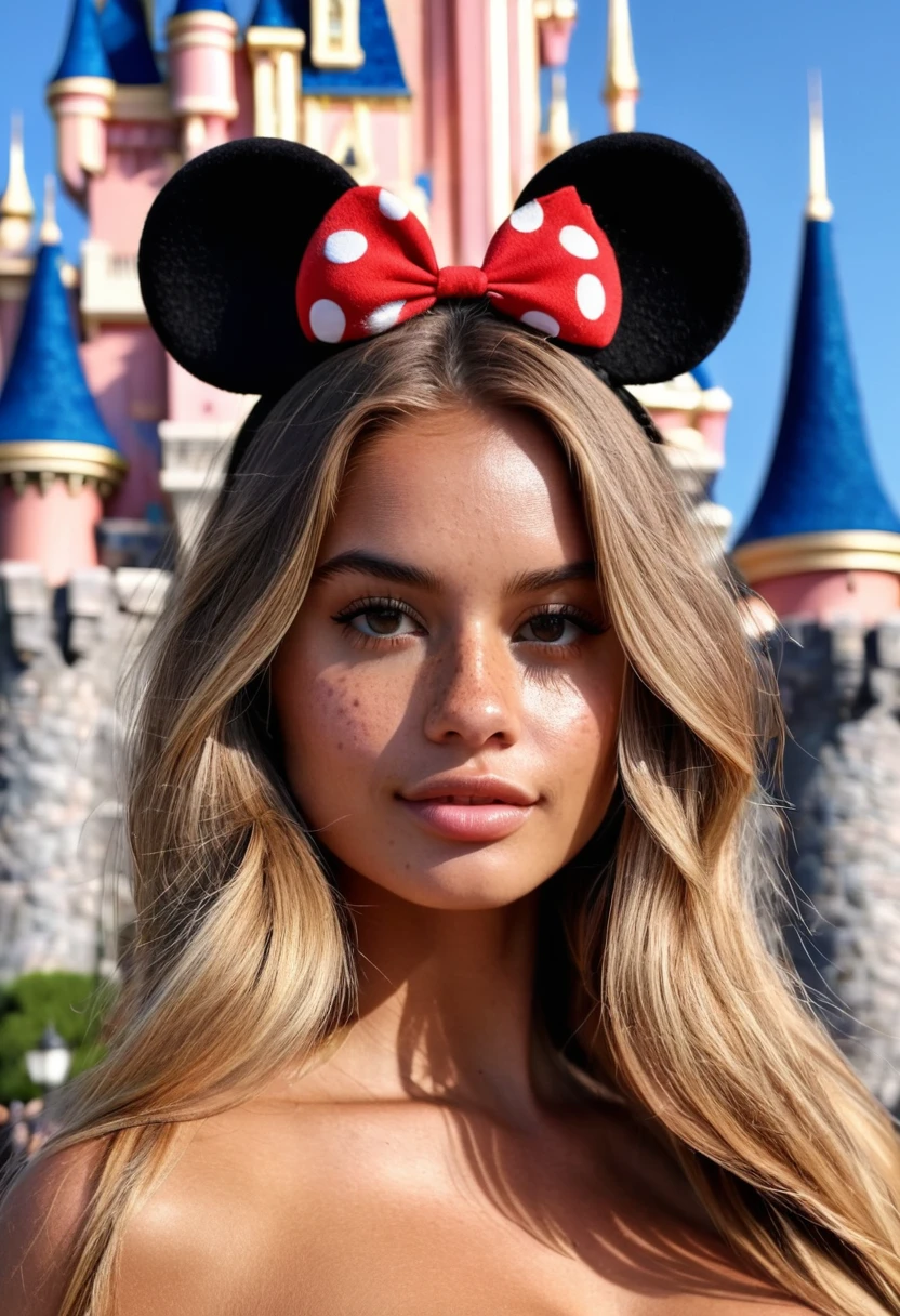 Supermodel, Brazilian, tanned, brown eyes, long dark blonde hair, beautiful , natural beauty, no makeup, model, 4K, realistic, natural, textured skin, freckles on nose , standing in front of castle at Disneyland, wearing Mickey ears. 
