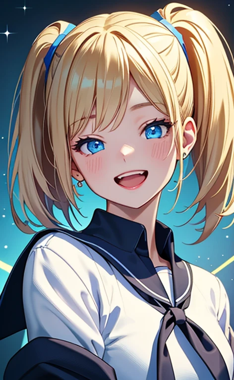 (masterpiece、top-quality、8k size wallpaper、offcial art)、(portrait,upper body:1.6)、(1girl),(very loud laugh,Open mouth:1.3),(half closed eyes),cute face,blue eyes、(short twintails)、
,(stand),(Shining smile),(Sparkling:1.3),
,(slender),(school uniform),(long fluorescence blonde hair1.3), (small breasts)、
、fluorescence、classroom,JK、