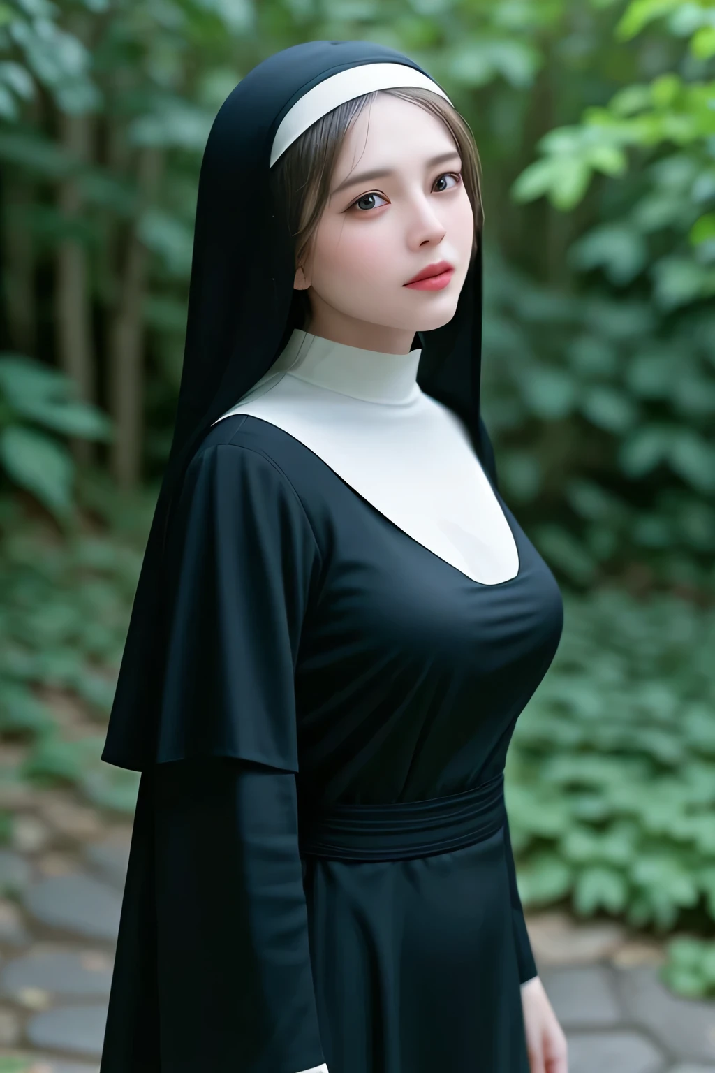 (((Realistic lighting, top quality, 8K, masterpiece: 1.2))), (realistic, photorealistic: 1.37), (old slim nun: 1.2), standing gracefully outdoor, (full body shot: 1.2), captured from a captivating low angle, (fully clothed: 1.0), with a modest and elegant attire, preserving her modesty with a serene demeanor, (covered cleavage: 1.2), exuding a sense of purity and innocence, (braless: 1.0), the focus is on her graceful presence, emanating an aura of spiritual dedication. Black clothes