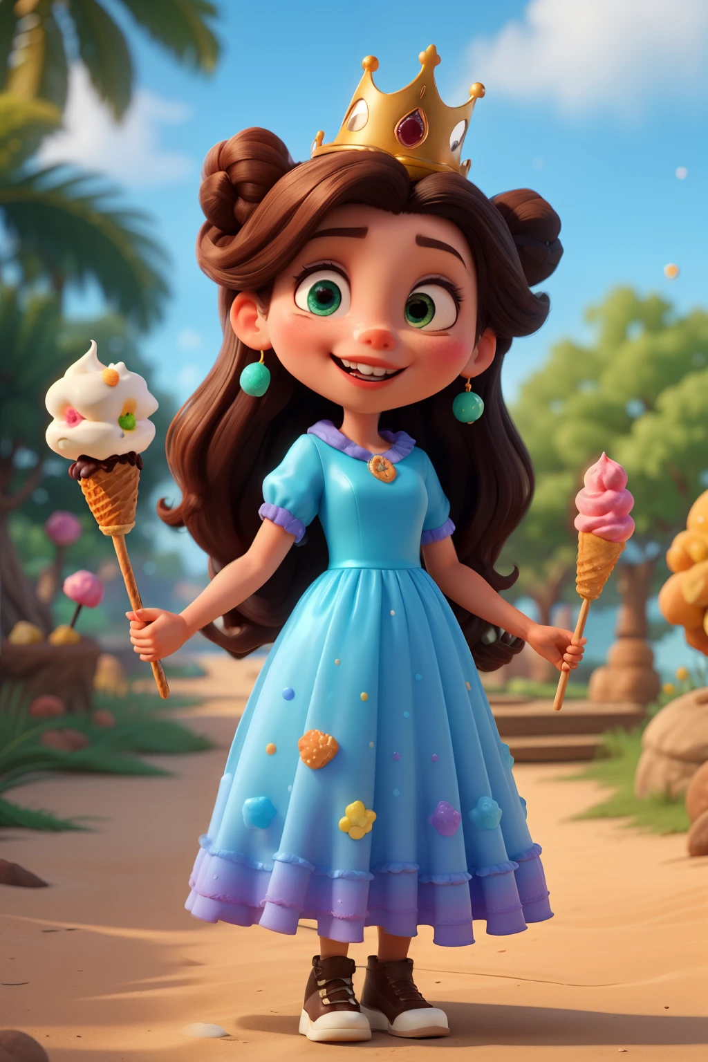 ((Melhor qualidade)), ((obra de arte)), (detalhado), rosto perfeito
A Princesa Amora sorri radiantemente, com seus longos cabelos roxos e olhos brilhantes. She has a beautiful crown on her head and wears a long floor-length dress made from an ice cream cone., adorned with chocolate flowers and caramel bows.
Ao fundo, a magical kingdom unfolds in vibrant tones: jujubas verde-esmeralda, chocolate rivers under sugary blue skies and giant lollipops.
Criaturas doces como biscoitos sorridentes, Fluffy marshmallows and dancing gummy bears complete the scene, criando um ambiente alegre e convidativo.