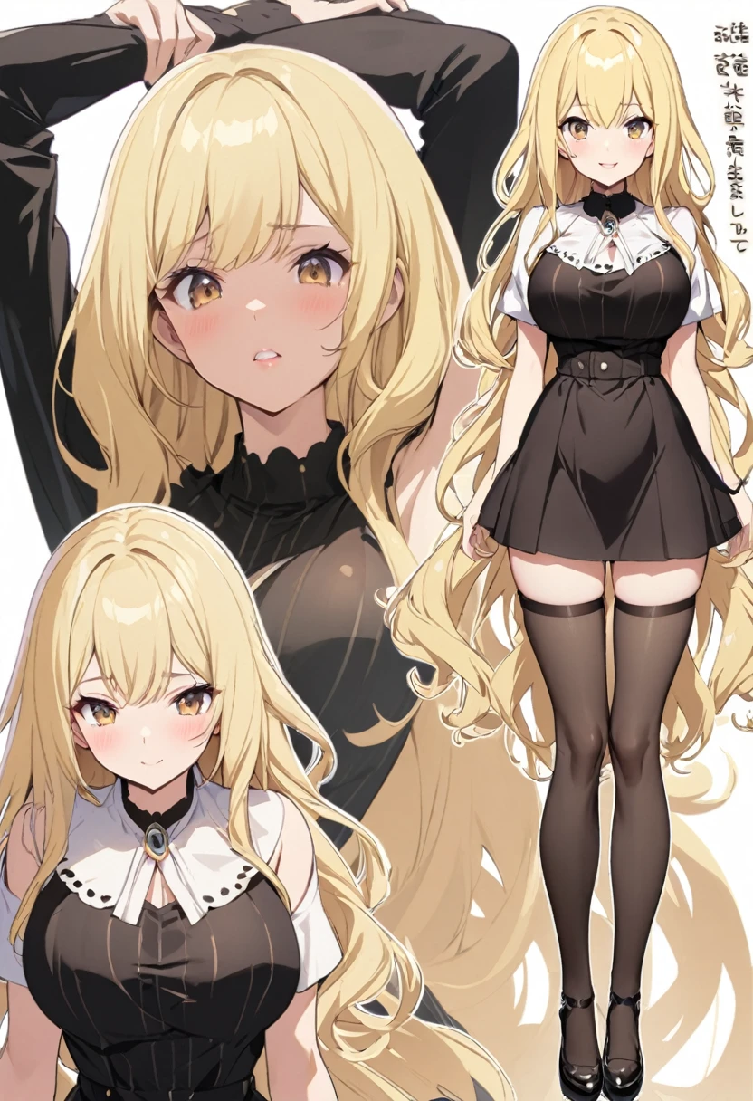 Woman with long blonde hair and large breasts in a dress、three views、character sheet、no background