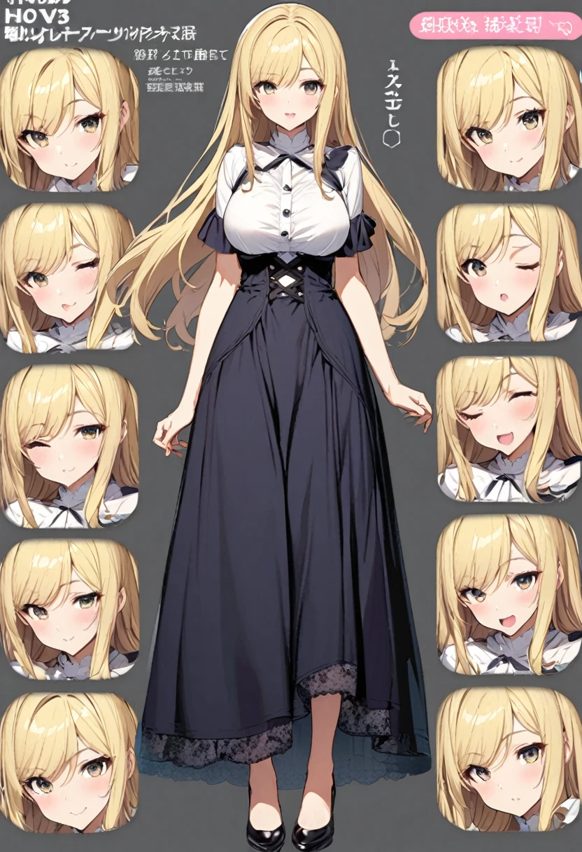 Woman with long blonde hair and large breasts in a dress、three views、character sheet、no background