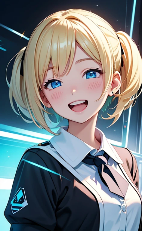 (​masterpiece、top-quality、8k size wallpaper、offcial art)、(portrait,upper body:1.6)、(1girl),(very loud laugh,Open mouth:1.3),(half closed eyes),cute face,blue eyes、(short twintails)、
,(stand),(Shining smile),(Sparkling:1.25),
,(slender),(school uniform),(long fluorescence blonde hair1.3), (small breasts)、
、fluorescence、classroom,JK、