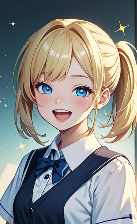 (​masterpiece、top-quality、8k size wallpaper、offcial art)、(portrait,upper body:1.6)、(1girl),(very loud laugh,Open mouth:1.3),(half closed eyes),cute face,blue eyes、(short twintails)、
,(stand),(Shining smile),(Sparkling:1.25),
,(slender),(school uniform),(long fluorescence blonde hair1.3), (small breasts)、
、fluorescence、classroom,JK、