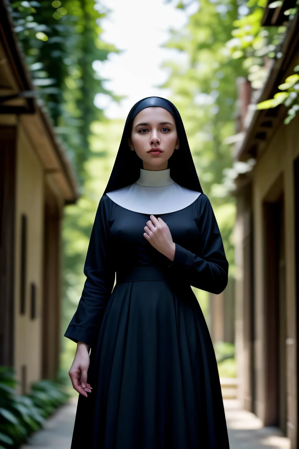RAW, Best quality, high resolution, masterpiece: 1.3), old slim nun, Standing outdoor, Full body shot, From below, Fully clothed, Covered breasts, Covered cleavage, Braless, black clothes

Masterpiece: 1.3, Beautiful young nun, Outdoor full body shot, Taken from below, Modestly dressed, Ample bosom discreetly concealed, No bra visible

This stunning image of a young nun captures her beauty and grace as she stands in the sunlight, fully clothed and covered from head to toe. The full body shot, taken from below, accentuates her slim figure and the flow of her habit,