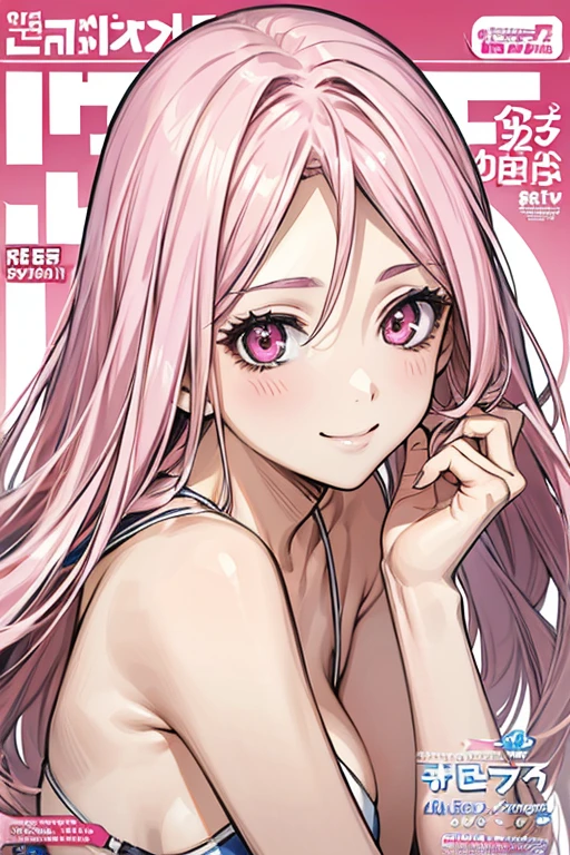 magazine cover,swimsuit,gravure,pink hair,pink eyes,best style,bangs parting,Forehead exposed,bright smile,gravureアイドル,sexy pose,the most beautiful in the world